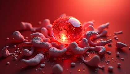 Surreal macro shot of a glowing red sphere surrounded by abstract organic shapes