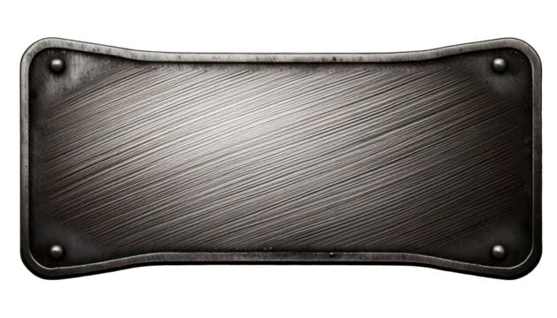 A metal sign with a silver finish and a black border. The sign is rectangular in shape and has a metal frame