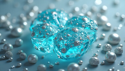 Abstract crystalline spheres and lustrous pearls shimmering in calming aqua and silver tones