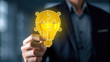 A businessman holding a glowing puzzle piece lightbulb, symbolizing innovation, problem-solving, and creative ideas.