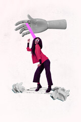 Sketch vertical photo collage of human hand control girl manipulation hostage concept crumpled...