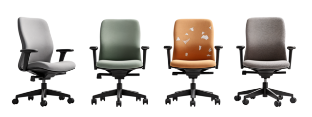 A row of four office chairs with different colors of upholstery.