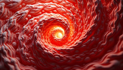 Abstract red organic spiral tunnel, a visually striking and captivating design