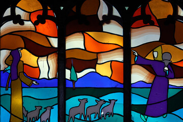 Kon Tum Cathedral, also known as Wooden Church.   Stained glass window. The Parable of the Lost...