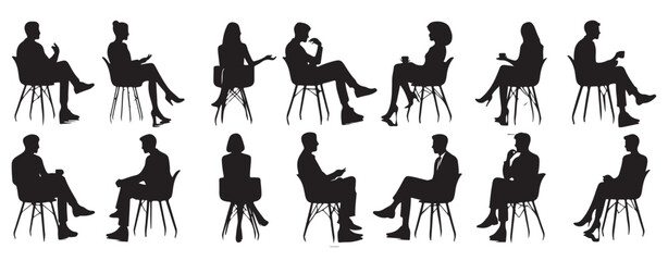 men women sitting chairs talking silhouette vector illustration.