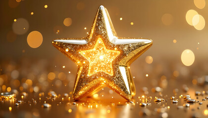 Radiant Golden Star Shining Brightly on a Sparkling Surface Background