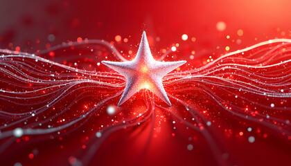 Abstract Red Background with Luminous Star and Sparkling Wavy Lines