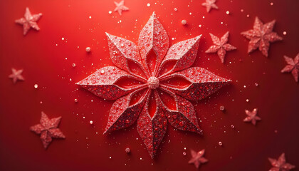 Festive arrangement of glittering star shapes on a vibrant red background