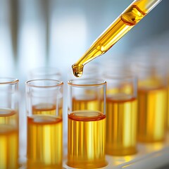 Macro shot of pipette with yellow fluid dripping into test tubes for biotechnology and chemical science visuals image