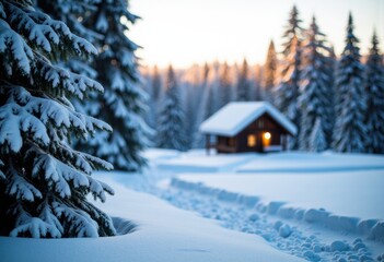Serene winter landscape with snow-covered trees and a cozy cabin in the forest