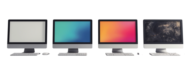 A row of three computer monitors sitting next to each other.