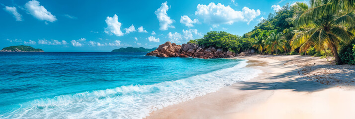 Obraz premium Panoramic tropical beach with turquoise water soft waves white sand and lush green palm trees under blue sky with clouds in seaside landscape