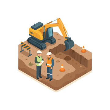 Isometric illustration of a construction site showing an excavator, two engineers reviewing blueprints, and safety cones. Perfect for construction, engineering, and industry projects.