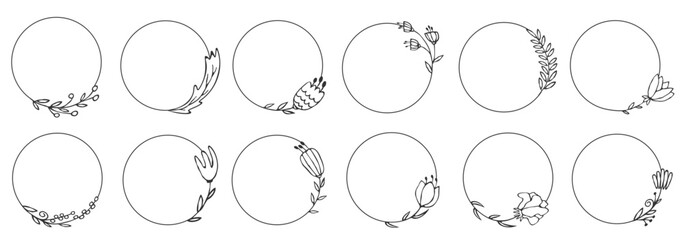 Linear circles hand drawn floral frames