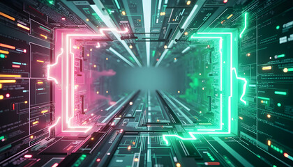 Futuristic data stream tunnel with neon glow shapes and digital circuitry elements