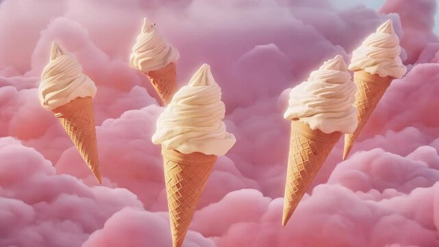 Several soft serve ice cream cones are floating among pink fluffy clouds. Concept of summer