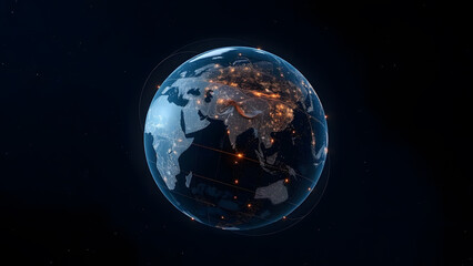 Global network connectivity visualized on Earth with illuminated cities against a starry space background.