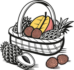 Delicious illustration set of baskets with Easter eggs, fruits, and bakery desserts
