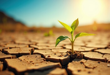 A small green plant grows from cracked dry soil under bright sunlight