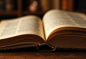 Open book resting on a wooden surface with a blurred bookshelf in the background