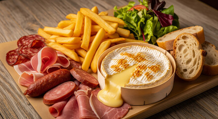 camembert r&ocirc;ti avec de la charcuterie, des frites et de la salade.
