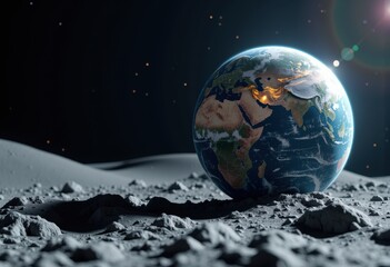 Earth seen from the moon's surface with a bright sun in the background