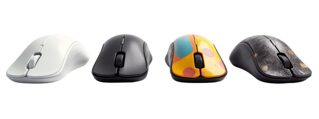 A close up of four different colored mouses