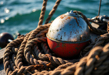 Fototapeta premium A weathered buoy resting on coiled ropes by the water's edge