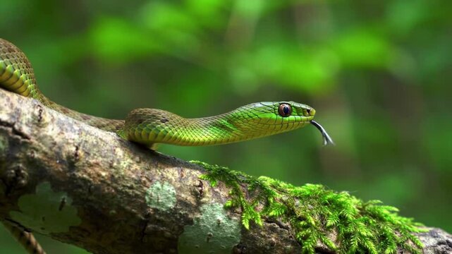 Green snake flicking tongue on forest tree branch, seamless looping 4k time-lapse animation video background