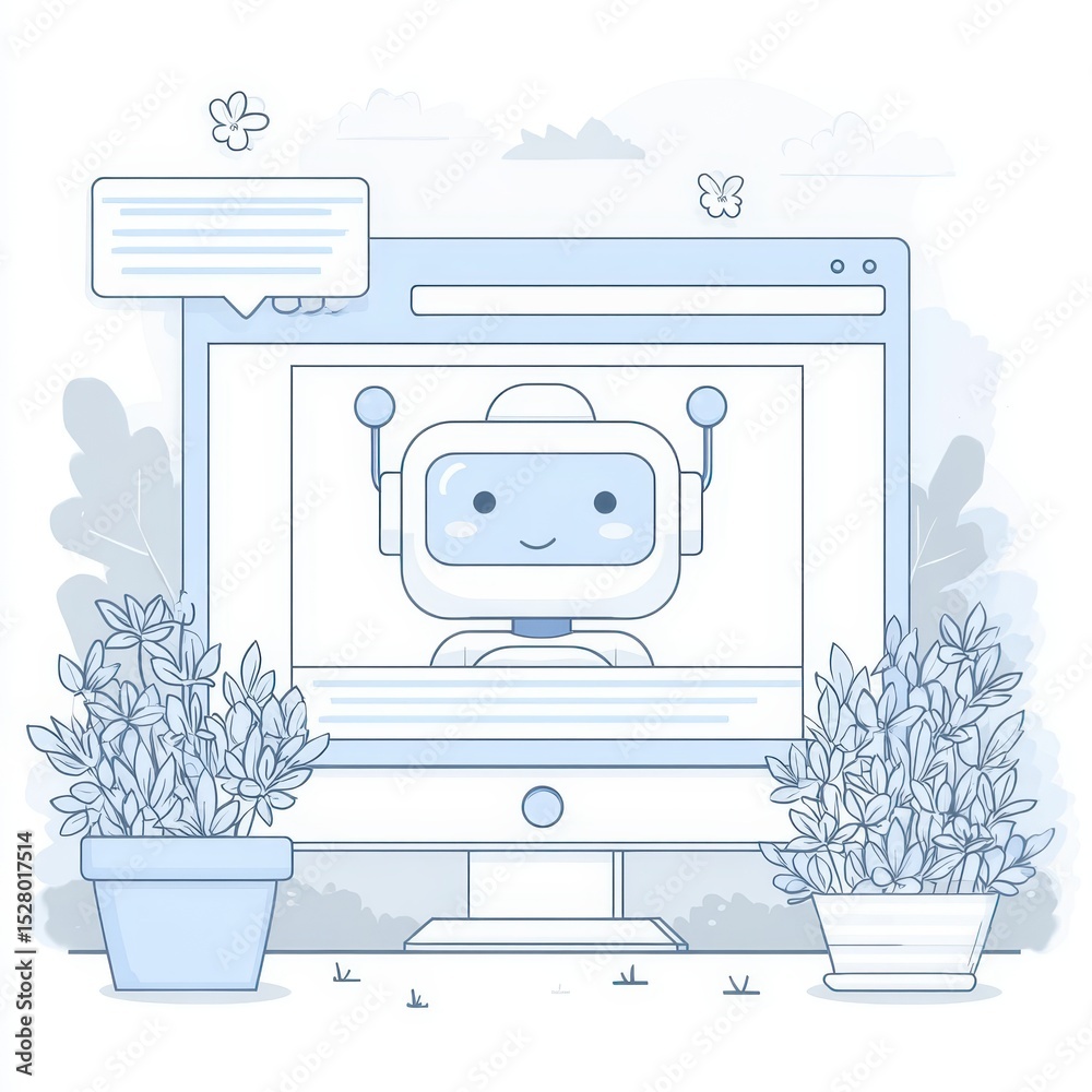 Poster cute robot character displayed on a computer screen.