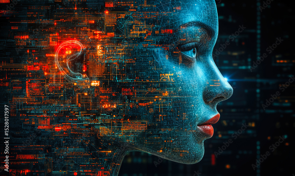 Aufkleber futuristic human face composed of digital circuits and glowing data streams symbolizing artificial i