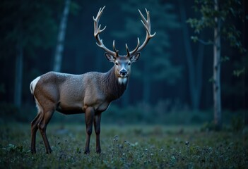 Fototapeta premium Majestic stag with large antlers standing in a misty forest during dawn