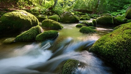 a breathtaking view of moss covered rocks in a flowing stream surrounded by lush greenery capturing the serene beauty of nature and its calming effects on the soul