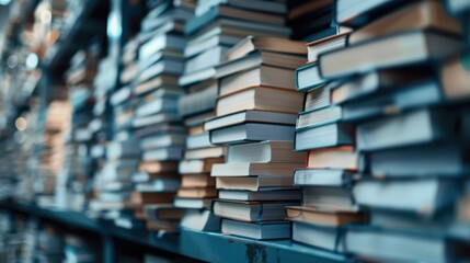 A mesmerizing collection of stacked books highlights the wealth of knowledge and stories, representing a love for reading and learning in a library-like setting.