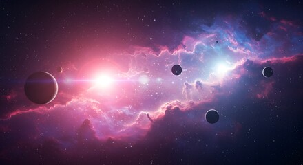 Abstract cosmic background with planets, light flares, and swirling nebula clouds, futuristic vibe.