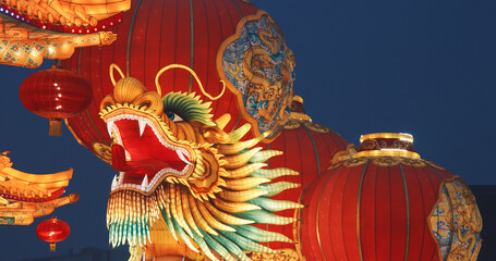 Beijing, China. Large Lantern Composition At Zigong Lantern Festival. National Color. Chinese Dragon Is Legendary Creature In Chinese Mythology Symbolize Potent And Auspicious Powers, Particularly