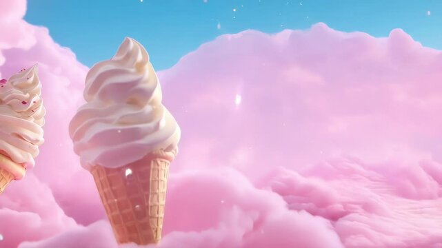 Several soft serve ice cream cones are floating among pink fluffy clouds. Concept of summer