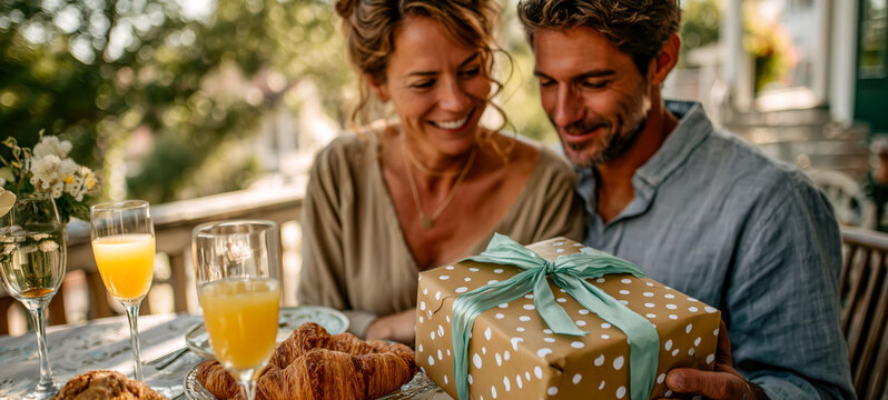 Celebration of love: a couple shares a meal, complete with croissants, orange juice, and a thoughtfully wrapped gift.