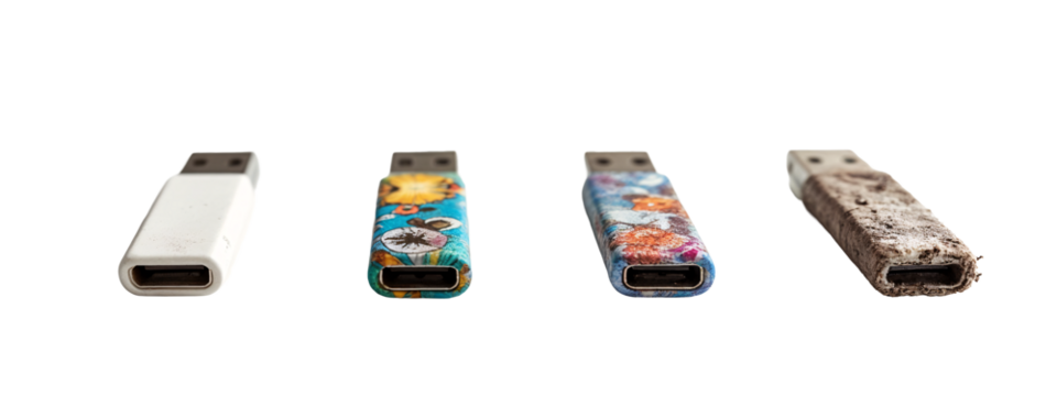 A close up of four different colored USB drives on a white surface.