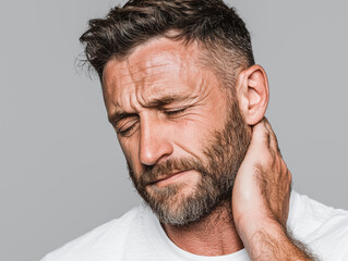 Obraz premium man in his thirties with short hair and beard is experiencing discomfort, holding his neck with pained expression. background is neutral, emphasizing his emotional state