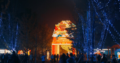 Beijing, China. People Visit Zigong Lantern Festival In Beijing. Lantern Festival In Beijing Garden Expo Park. National Intangible Cultural Heritage Of China. Paper Lantern Is Symbol Of Hearth