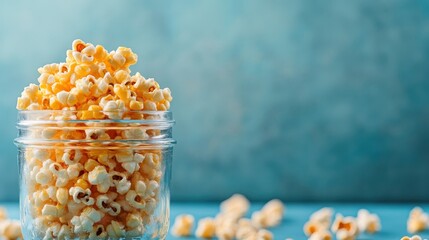 A jar overflowing with freshly popped popcorn sits against a soft blue background, symbolizing fun, relaxation, and the joy of movie nights with friends and family.
