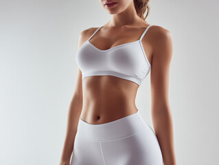 slim waist model wearing white sports bra and leggings poses against neutral background, showcasing fitness and health. image conveys confidence and athleticism