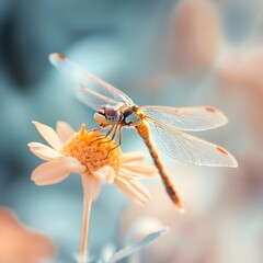 Dragonfly resting on beautiful flower displaying intricate wing patterns under natural light