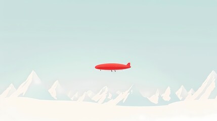 Fototapeta premium Minimalist illustration of a red airship soaring above a snow capped mountain range. Conceptual image of adventure, exploration, and travel.