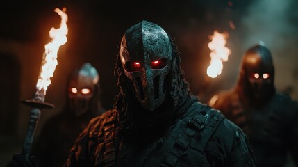 A group of masked figures emerges from shadows, holding torches and exuding an eerie presence, igniting intrigue and mystery in a dark, atmospheric setting.