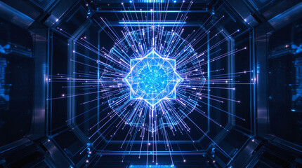 A glowing geometric starburst hologram in a futuristic high-tech chamber, symbolizing advanced technology, innovation, and digital transformation.