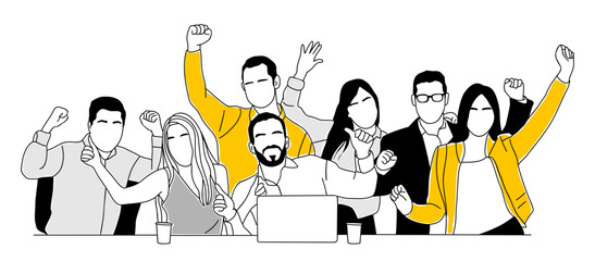 Vector illustration of a diverse business team celebrating success at work, showing unity, teamwork, motivation, and achievement with happy expressions and raised arms