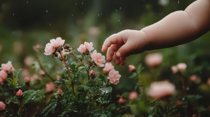 A child's hand extends towards delicate pink flowers in a rainy garden, symbolizing innocence and the beautiful connection between nature and the human experience.