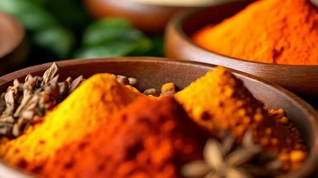 Richly colored spice powders&mdash;turmeric, paprika, and chili&mdash;mound within a wooden bowl, accented by star anise and herbs. Warm, inviting, and flavorful